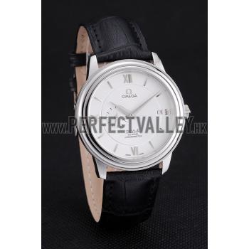 Cheap Omega De Ville Prstige Co-Axial White Dial Silver Case Black Leather Strap Roman Numeral