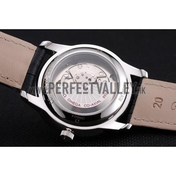 Cheap Omega De Ville Prstige Co-Axial White Dial Silver Case Black Leather Strap Roman Numeral