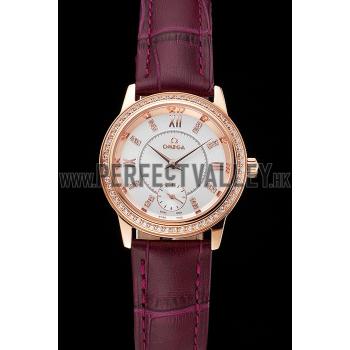 Omega De Ville Prestige Small Seconds White Dial Diamond Bezel Rose Gold Case Purple Leather Strap