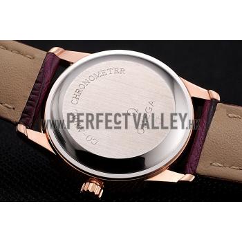 Omega De Ville Prestige Small Seconds White Dial Diamond Bezel Rose Gold Case Purple Leather Strap