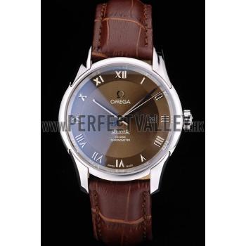 Replica Omega Swiss DeVille Stainless Steel Bezel Brown Leather Strap 7619