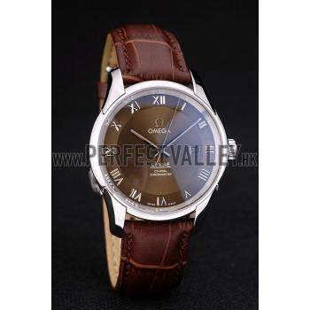 Replica Omega Swiss DeVille Stainless Steel Bezel Brown Leather Strap 7619