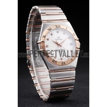 Omega Swiss Constellation Jewelry Rose Gold Case Radial Emblem White Dial