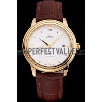 Omega De Ville Prestige Co-Axial White Dial Gold Case Brown Leather Strap Roman Numeral