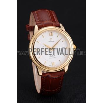 Omega De Ville Prestige Co-Axial White Dial Gold Case Brown Leather Strap Roman Numeral