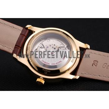 Omega De Ville Prestige Co-Axial White Dial Gold Case Brown Leather Strap Roman Numeral