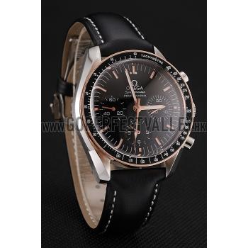 Replica Swiss Omega Speedmaster Professional Black Dial Gold Accents Black Leather Bracelet 1453937