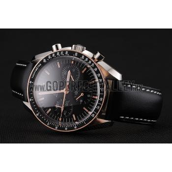 Replica Swiss Omega Speedmaster Professional Black Dial Gold Accents Black Leather Bracelet 1453937