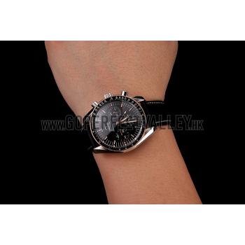 Replica Swiss Omega Speedmaster Professional Black Dial Gold Accents Black Leather Bracelet 1453937