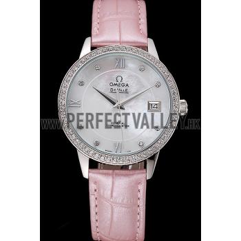 Cheap Omega DeVille Prestige Co-Axial Diamond Silver Case Mother-Of-Pearl Dial Pink Leather Strap