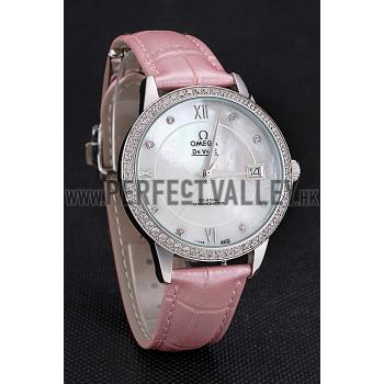 Cheap Omega DeVille Prestige Co-Axial Diamond Silver Case Mother-Of-Pearl Dial Pink Leather Strap