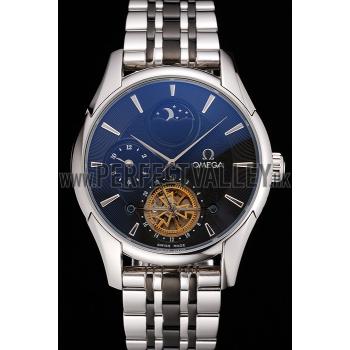 Omega De Ville Moonphase Tourbillon Black Dial Stainless Steel Case Two Tone Black Steel Bracelet