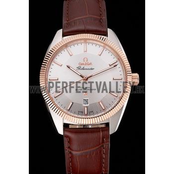 Omega Globemaster Silver Dial Rose Gold Bezel Stainless Steel Case Brown Leather Strap Replica