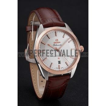 Omega Globemaster Silver Dial Rose Gold Bezel Stainless Steel Case Brown Leather Strap Replica