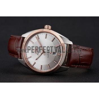 Omega Globemaster Silver Dial Rose Gold Bezel Stainless Steel Case Brown Leather Strap Replica