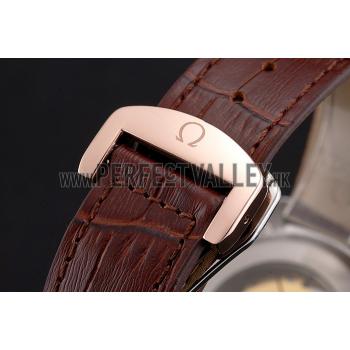 Omega Globemaster Silver Dial Rose Gold Bezel Stainless Steel Case Brown Leather Strap Replica