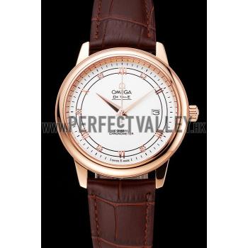 Omega De Ville Prestige White Dial Rose Gold Case Brown Leather Strap