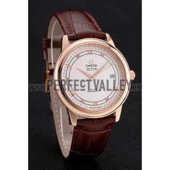 Omega De Ville Prestige White Dial Rose Gold Case Brown Leather Strap