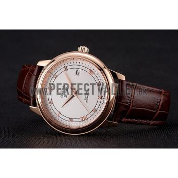 Omega De Ville Prestige White Dial Rose Gold Case Brown Leather Strap