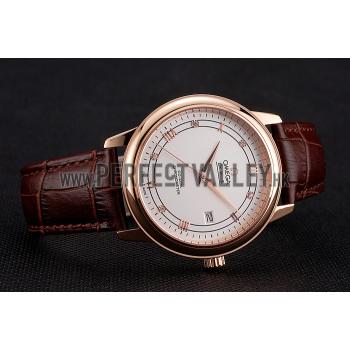 Omega De Ville Prestige White Dial Rose Gold Case Brown Leather Strap