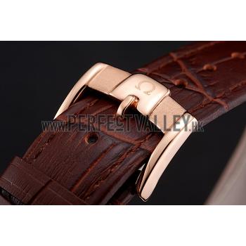 Omega De Ville Prestige White Dial Rose Gold Case Brown Leather Strap