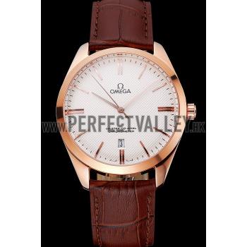 Omega Tresor Master Co-Axial White Dial Rose Gold Case Brown Leather Strap