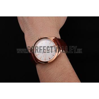 Omega Tresor Master Co-Axial White Dial Rose Gold Case Brown Leather Strap