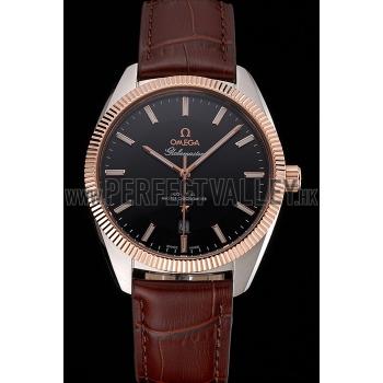 Cheap Omega Globemaster Black Dial Rose Gold Bezel Stainless Steel Case Brown Leather Strap