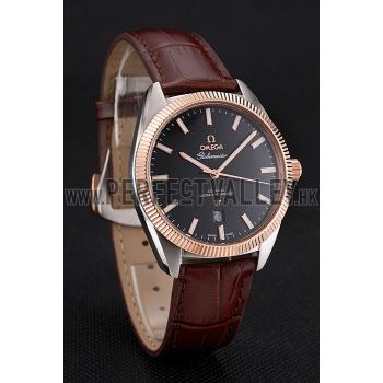 Cheap Omega Globemaster Black Dial Rose Gold Bezel Stainless Steel Case Brown Leather Strap