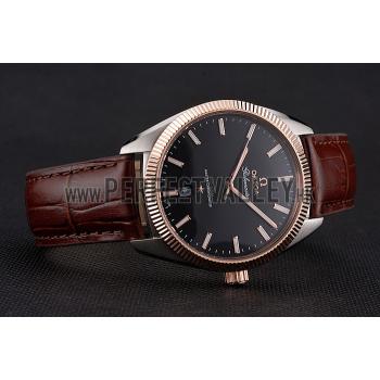 Cheap Omega Globemaster Black Dial Rose Gold Bezel Stainless Steel Case Brown Leather Strap