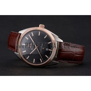 Cheap Omega Globemaster Black Dial Rose Gold Bezel Stainless Steel Case Brown Leather Strap