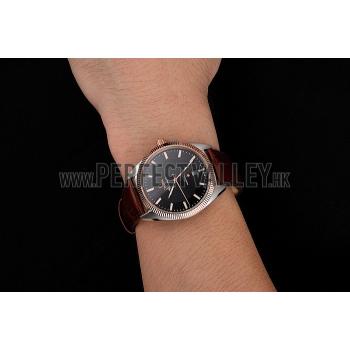 Cheap Omega Globemaster Black Dial Rose Gold Bezel Stainless Steel Case Brown Leather Strap