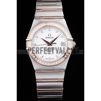 Omega Swiss Constellation Jewelry Diamond Case Omega Emblem White Dial  98111 Replica