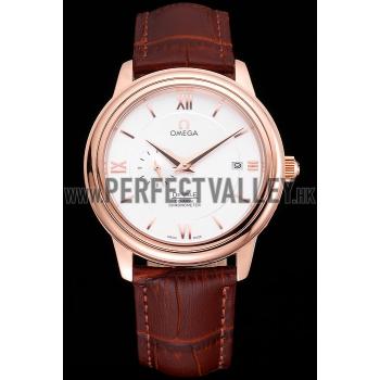 Omega De Ville Prestige Co-Axial White Dial Rose Gold Case Brown Leather Strap Roman Numeral Replica