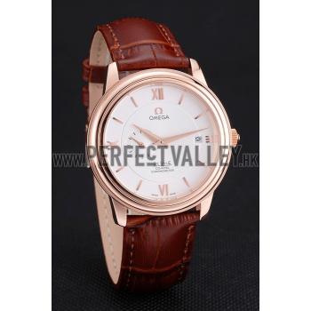 Omega De Ville Prestige Co-Axial White Dial Rose Gold Case Brown Leather Strap Roman Numeral Replica