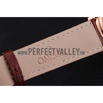 Omega De Ville Prestige Co-Axial White Dial Rose Gold Case Brown Leather Strap Roman Numeral Replica