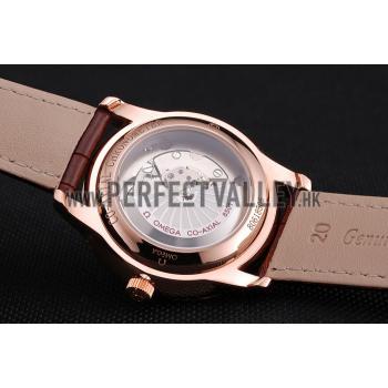 Omega De Ville Prestige Co-Axial White Dial Rose Gold Case Brown Leather Strap Roman Numeral Replica