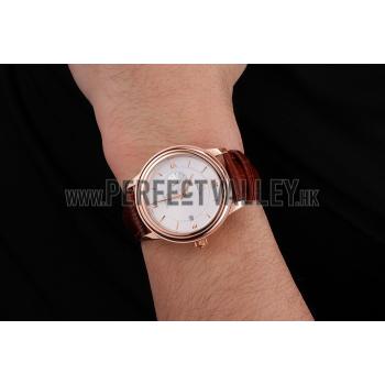 Omega De Ville Prestige Co-Axial White Dial Rose Gold Case Brown Leather Strap Roman Numeral Replica