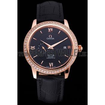 Omega De Ville Prestige Co-Axial Black Dial Rose Gold Diamond Case Black Leather Strap Roman Numeral