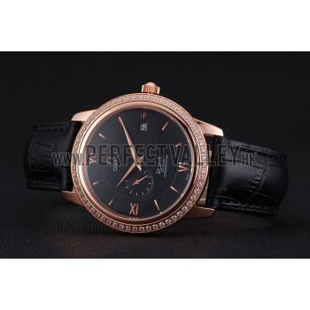 Omega De Ville Prestige Co-Axial Black Dial Rose Gold Diamond Case Black Leather Strap Roman Numeral