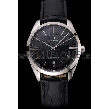 Omega Tresor Master Co-Axial Black Dial Stainless Steel Case Black Leather Strap Replica