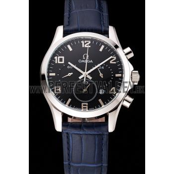 Omega Chronograph Black Dial Stainless Steel Case Blue Leather Strap