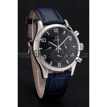 Omega Chronograph Black Dial Stainless Steel Case Blue Leather Strap