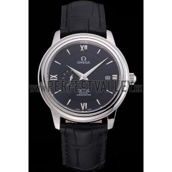 Omega De Ville Prestige Co-Axial Black Dial Silver Case Black Leather Strap Roman Numeral