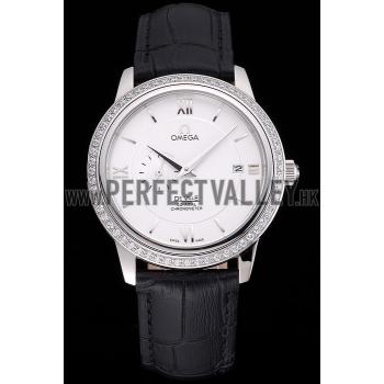 Cheap Omega De Ville Prestige Co-Axial White Dial Silver Diamond Case Black Leather Strap Roman Numeral