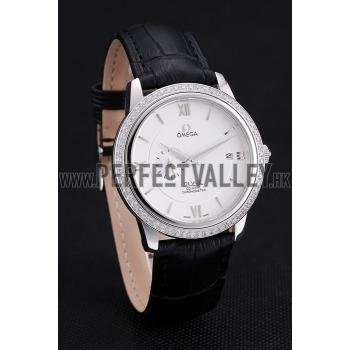 Cheap Omega De Ville Prestige Co-Axial White Dial Silver Diamond Case Black Leather Strap Roman Numeral