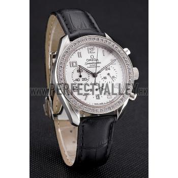 Replica Omega Speedmaster White Dial Stainless Steel Case Diamond Bezel Black Leather Strap