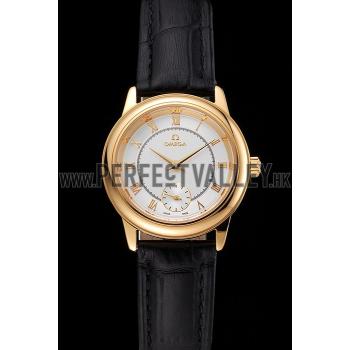 Omega De Ville Prestige Small Seconds White Dial Gold Case Black Leather Strap