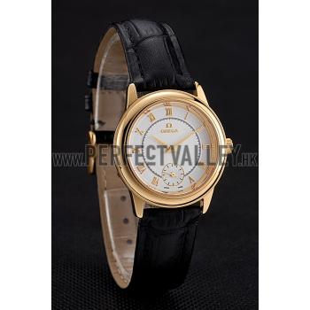 Omega De Ville Prestige Small Seconds White Dial Gold Case Black Leather Strap