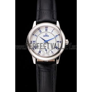 Omega De Ville Prestige Small Seconds White Dial Blue Numerals Stainless Steel Case Black Leather Strap